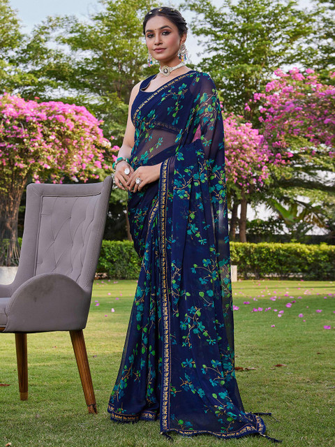 KALINI Women Blue Floral Pure Chiffon Saree - Image 3