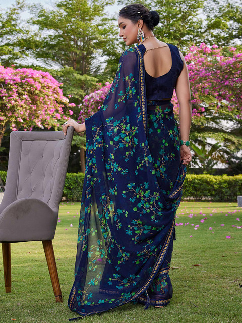 KALINI Women Blue Floral Pure Chiffon Saree - Image 4