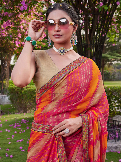KALINI Striped Printed Pure Chiffon Saree with Embroidered Border