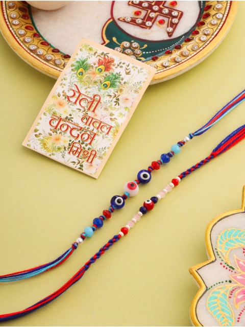 NVR Unisex Evil Eye Artificial Beads Thread Rakhi with Roli Chawal Chandan Mishri