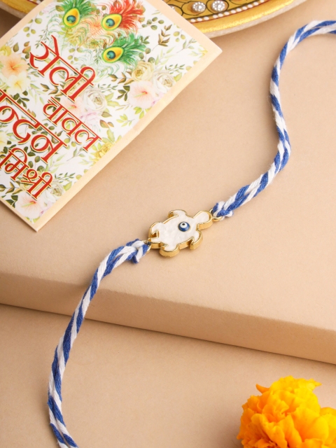 NVR Unisex Blue Evil Eye Thread Rakhi with Roli Chawal Chandan Mishri