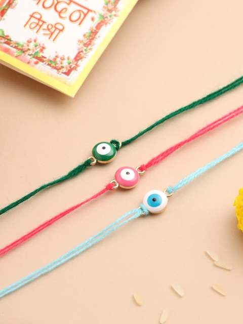 NVR Men's Set of 3 Multicolor Evil Eye Thread Rakhi with Roli Chawal Chandan & Mishri