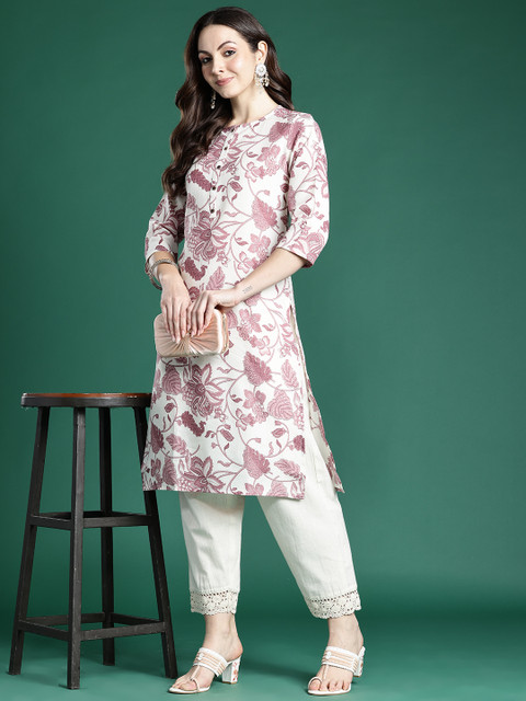 Indo Era Floral Printed Linen Kurta