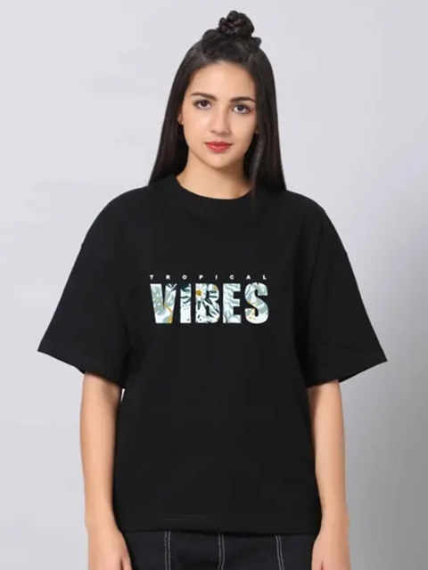 SZN Women Typography Printed Round Neck Cotton Oversized T-shirt