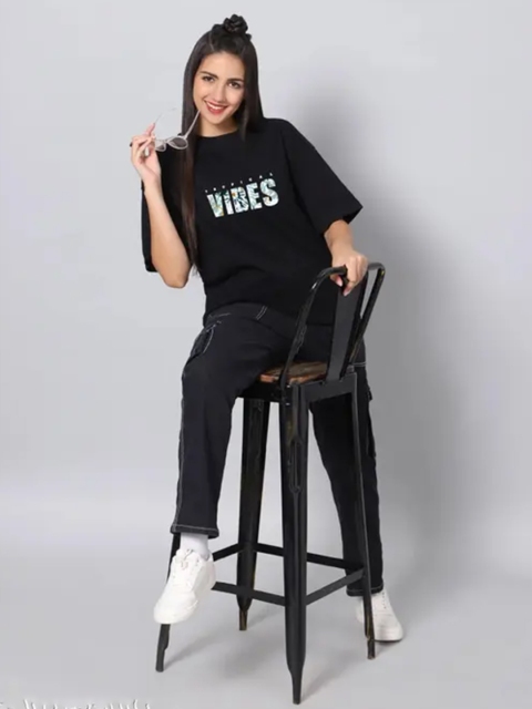 SZN Women Typography Printed Round Neck Cotton Oversized T-shirt - Image 7