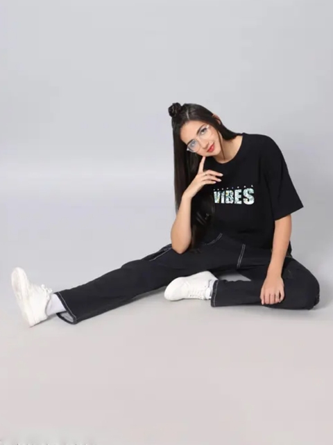 SZN Women Typography Printed Round Neck Cotton Oversized T-shirt - Image 6