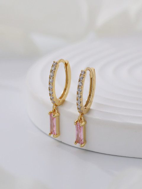 AQUASTREET 18K Gold Plated Waterproof, Anti-Tarnish Pink Zircon Drop Huggie Earrings