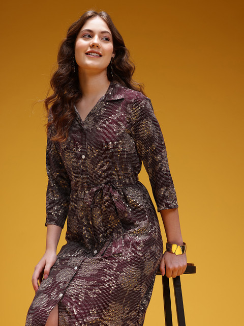 HERE&NOW Printed Belted Shirt Midi Ethnic Dress