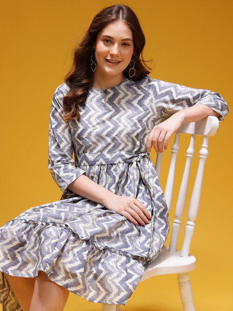 HERE&NOW Chevron Print Keyhole Neck Ruffle Detail A-Line Dress