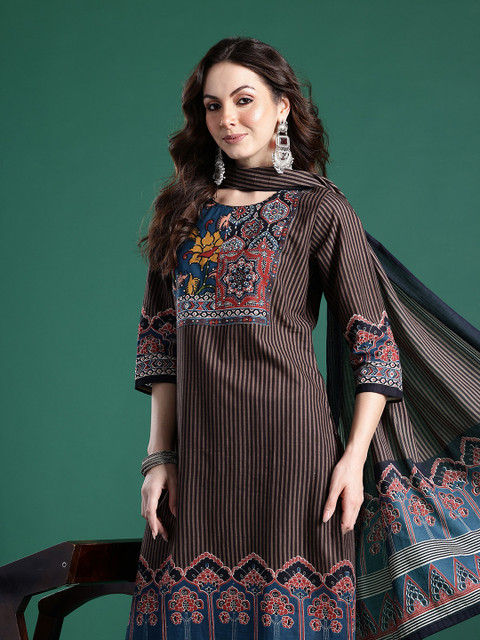 Indo Era Ethnic Motifs Striped Sequinned Pure Cotton Kurta With Trousers & Dupatta