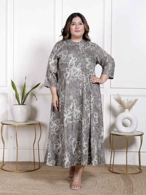 KALINI Women Plus Size Ethnic Motifs Print Mandarin Collar Maxi Gown Dress - Image 6