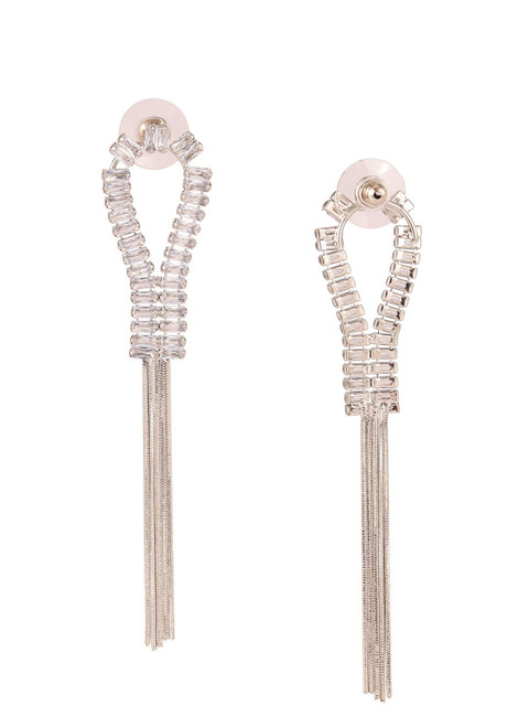 Voylla Rhodium-Plated Contemporary American Diamond Studded Drop Earrings - Image 4