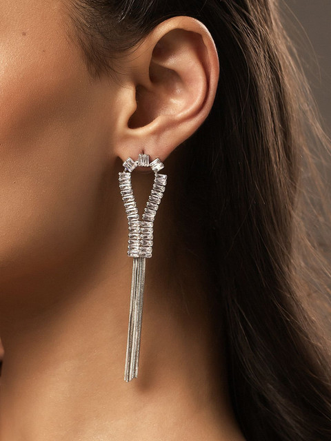Voylla Rhodium-Plated Contemporary American Diamond Studded Drop Earrings - Image 6