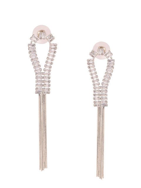 Voylla Rhodium-Plated Contemporary American Diamond Studded Drop Earrings - Image 2