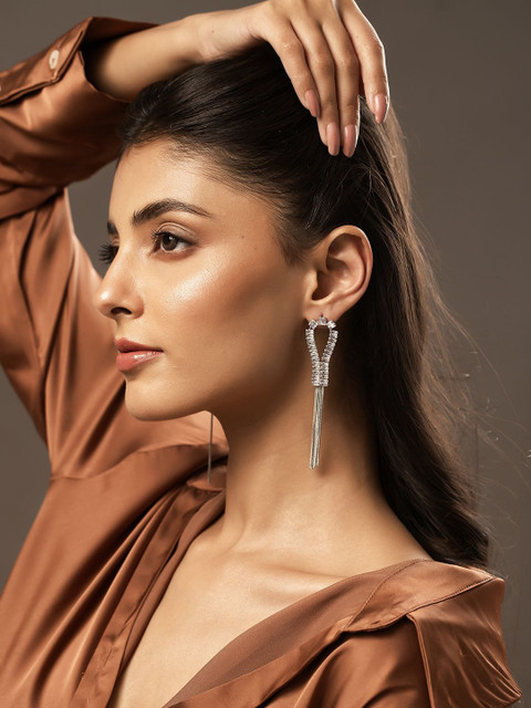 Voylla Rhodium-Plated Contemporary American Diamond Studded Drop Earrings - Image 5