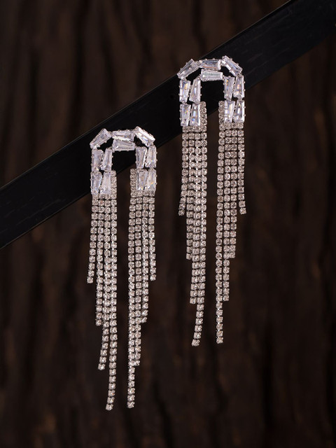 Voylla Rhodium-Plated Contemporary American Diamond Studded Drop Earrings