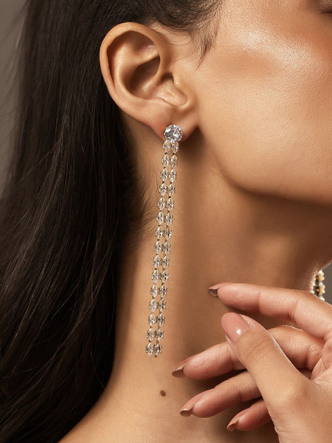 Voylla Gold-Plated American Diamond Studded Korean Contemporary Drop Earrings - Image 6