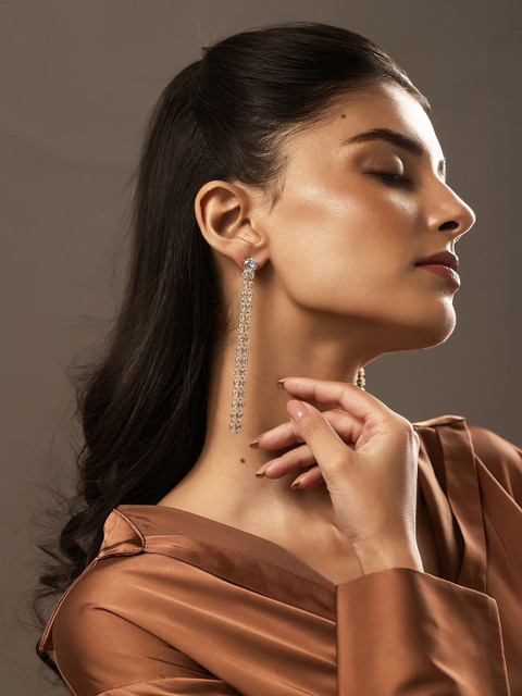 Voylla Gold-Plated American Diamond Studded Korean Contemporary Drop Earrings - Image 5