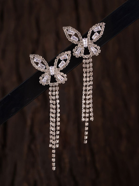 Voylla Rhodium-Plated Contemporary American Diamond Studded Drop Earrings