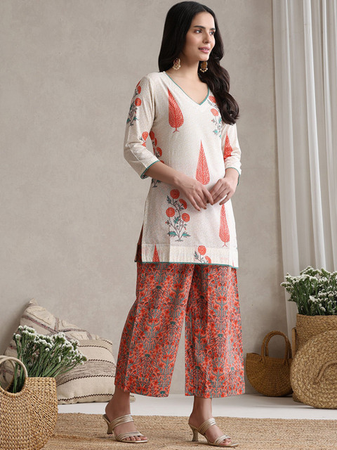 Khushal K Floral Printed Cotton V-Neck Tunic With Palazzo Co-Ords - Image 4