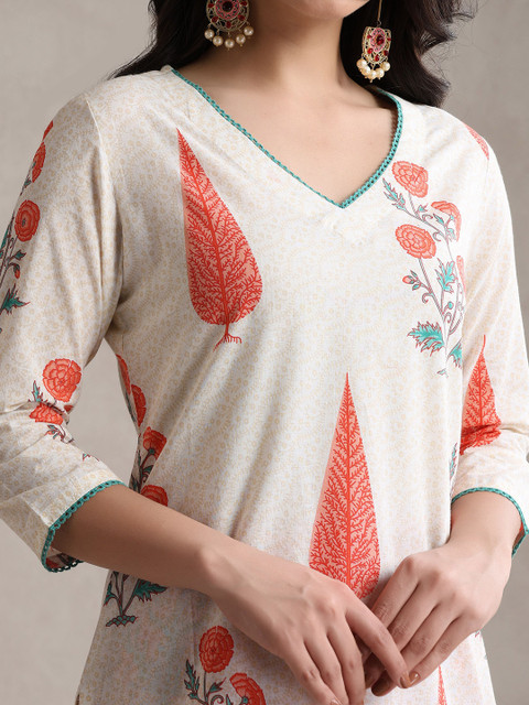 Khushal K Floral Printed Cotton V-Neck Tunic With Palazzo Co-Ords - Image 3