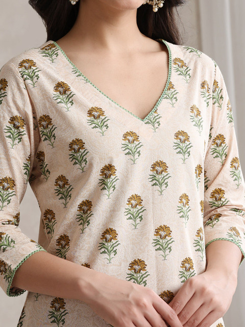 Khushal K Floral Printed Cotton V-Neck Tunic With Trouser Co-Ords - Image 3
