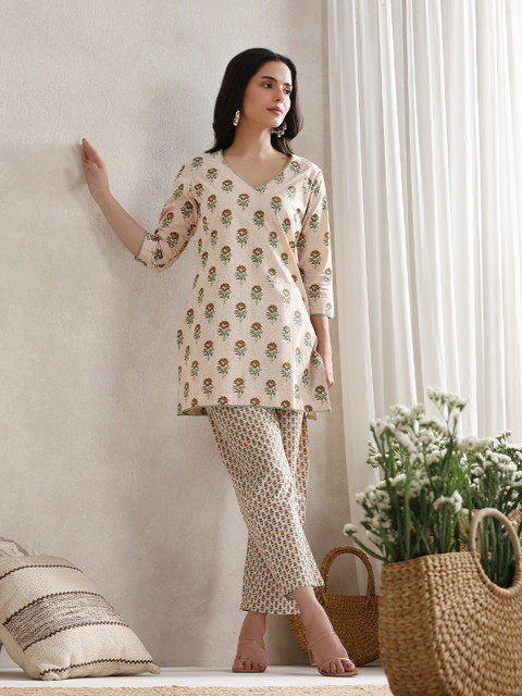 Khushal K Floral Printed Cotton V-Neck Tunic With Trouser Co-Ords