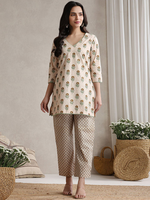 Khushal K Floral Printed Cotton V-Neck Tunic With Trouser Co-Ords - Image 2