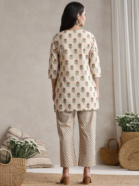 Khushal K Floral Printed Cotton V-Neck Tunic With Trouser Co-Ords - Image 5