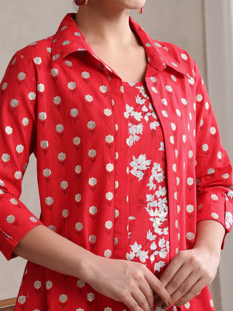 Khushal K Floral Printed Cotton Tunic With Trouser & Jacket Co-Ords - Image 3