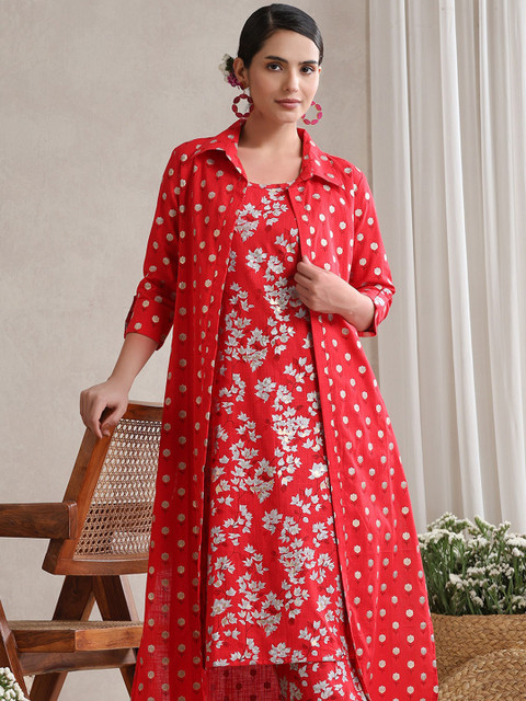 Khushal K Floral Printed Cotton Tunic With Trouser & Jacket Co-Ords - Image 6