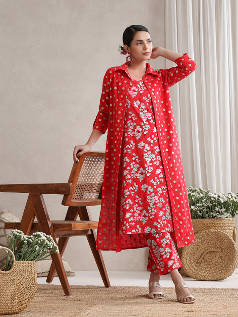 Khushal K Floral Printed Cotton Tunic With Trouser & Jacket Co-Ords