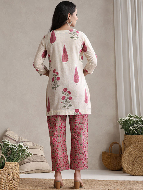 Khushal K Floral Printed Cotton V-Neck Tunic With Trouser Co-Ords - Image 4