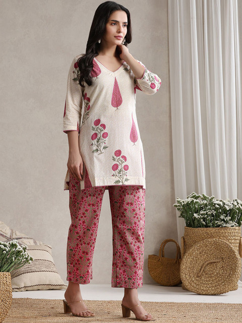 Khushal K Floral Printed Cotton V-Neck Tunic With Trouser Co-Ords - Image 2