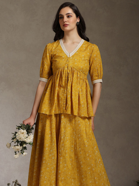 Khushal K Printed Cotton V-Neck Lace-Detailed Tunic With Palazzo Co-Ords - Image 6