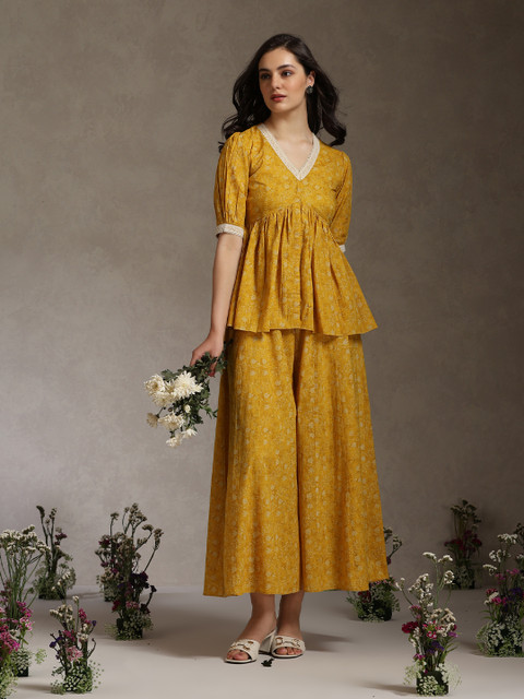 Khushal K Printed Cotton V-Neck Lace-Detailed Tunic With Palazzo Co-Ords