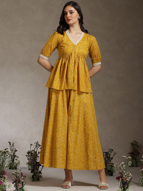 Khushal K Printed Cotton V-Neck Lace-Detailed Tunic With Palazzo Co-Ords - Image 2