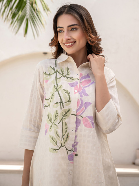 Indo Era Women Floral Printed Regular Pure Cotton A-Line Kurta with Trousers