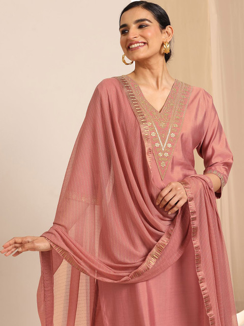 Gerua By Libas Floral Yoke Design Sequnnied Straight Kurta With Trousers & Dupatta