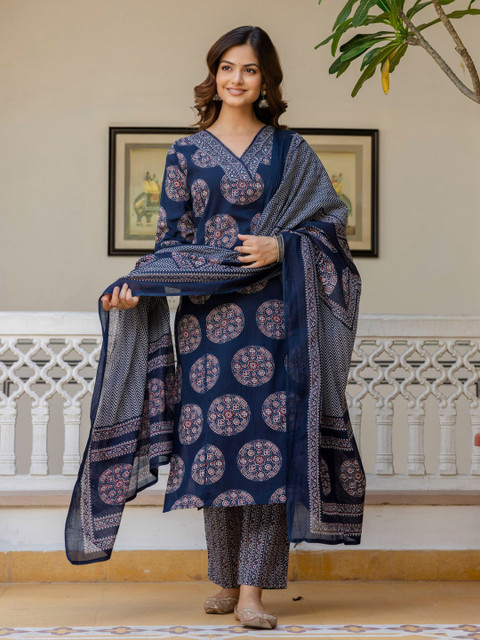 Anouk Women Floral Printed Regular Mirror Work Kurta with Palazzos & With Dupatta