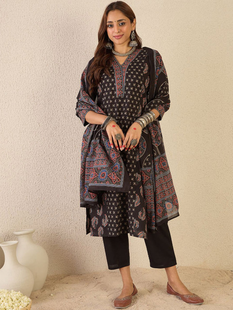 Indo Era Floral Printed V-Neck Pure Cotton Straight Kurta With Trousers & Dupatta - Image 2