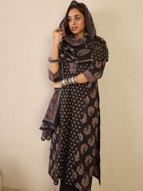 Indo Era Floral Printed V-Neck Pure Cotton Straight Kurta With Trousers & Dupatta - Image 7