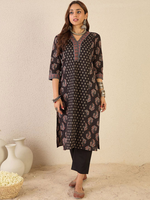Indo Era Floral Printed V-Neck Pure Cotton Straight Kurta With Trousers & Dupatta - Image 6