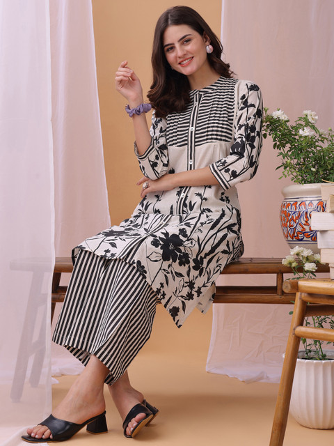Fourleaf Women Black Floral Printed Pure Flex Cotton Co-ord Set