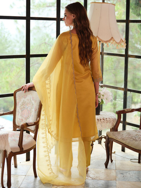 Indo Era Floral Yoke Design Sequnnied Straight Kurta With Trousers & Dupatta - Image 5