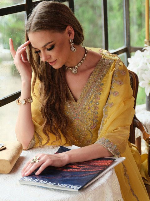 Indo Era Floral Yoke Design Sequnnied Straight Kurta With Trousers & Dupatta - Image 7