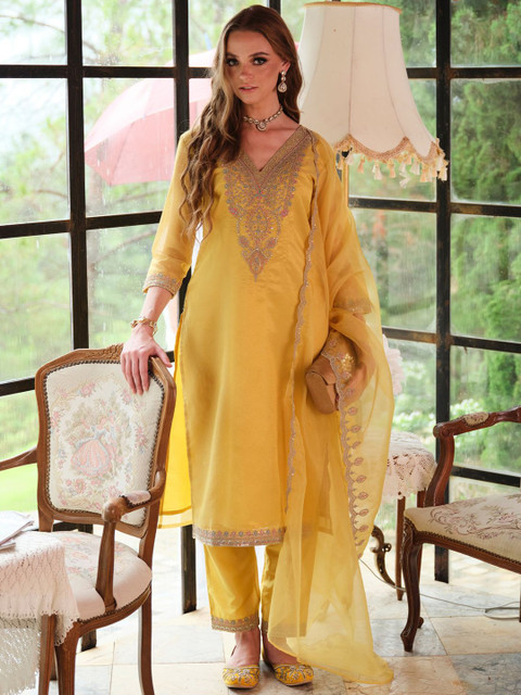 Indo Era Floral Yoke Design Sequnnied Straight Kurta With Trousers & Dupatta - Image 2