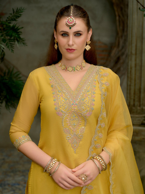 Indo Era Floral Yoke Design Sequnnied Straight Kurta With Trousers & Dupatta