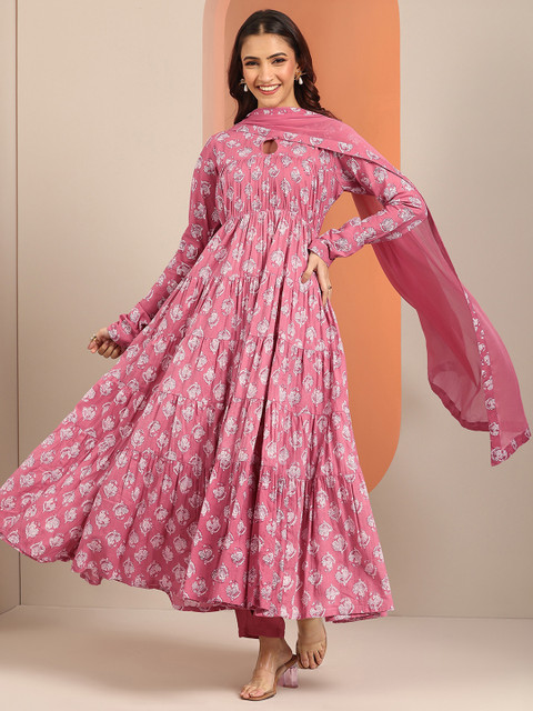 Libas Womens Mauve Printed Cotton Anarkali Kurta With Churidar & Dupatta - Image 2