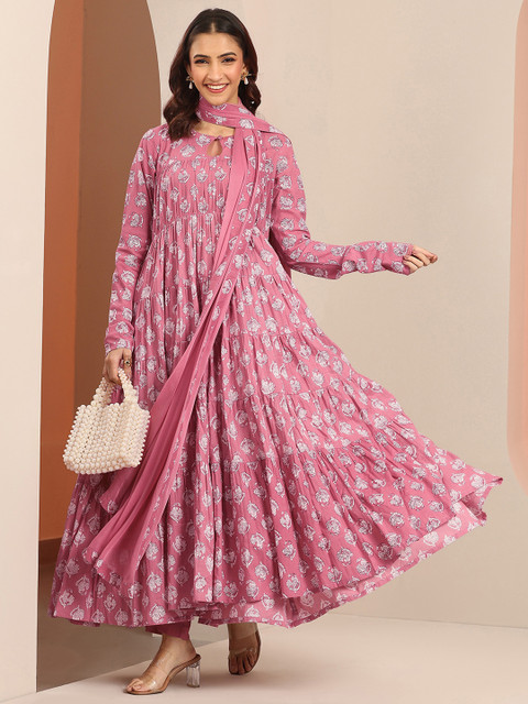 Libas Womens Mauve Printed Cotton Anarkali Kurta With Churidar & Dupatta